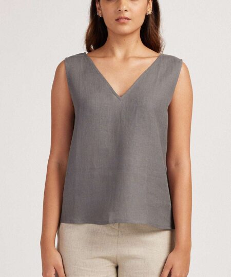 Women's Cotton Solid V Neck Sleeveless 2 Piece Outfit Loose Tank Top and Wide Leg Palazzo Pants Sets cord set ( Grey Beige )