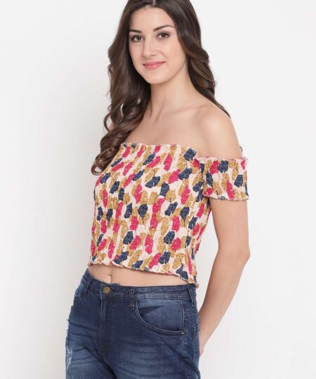 Women's Rayon Printed Off-Shoulder Smocked Crop Top Short Sleeve Casual Styles Tank Top (FREE SIZE) Multi32