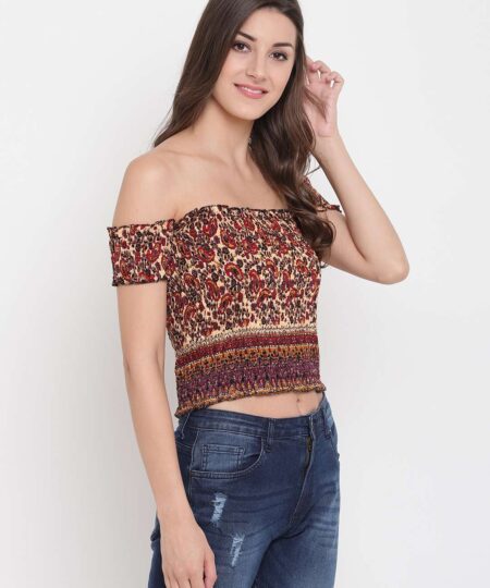 Women's Rayon Printed Off-Shoulder Smocked Crop Top Short Sleeve Casual Styles Tank Top (FREE SIZE) Multi3