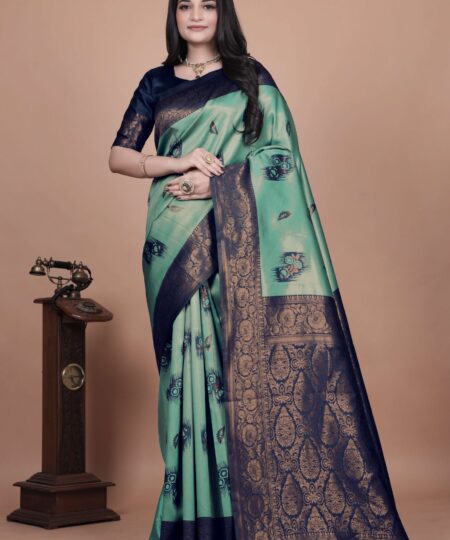 Sea Green & Navy Blue Banarasi Silk Saree with Gold Zari Embellishment | Floral Buta Motifs | Wedding & Festive Wear