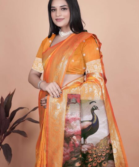 Radiant Orange Silk Saree with Golden Zari & Peacock Pallu | Festive, Wedding & Traditional Wear