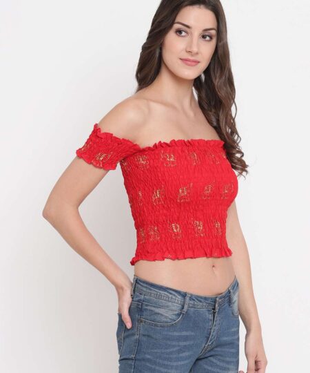 Women's Rayon Printed Off-Shoulder Smocked Crop Top Short Sleeve Casual Styles Tank Top (FREE SIZE) Multi11