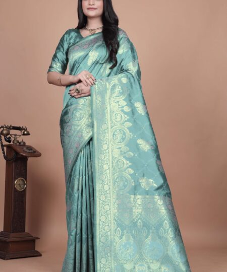 Teal Banarasi Silk Saree with Golden Zari | Floral & Peacock Motifs | Wedding, Festive & Traditional Wear