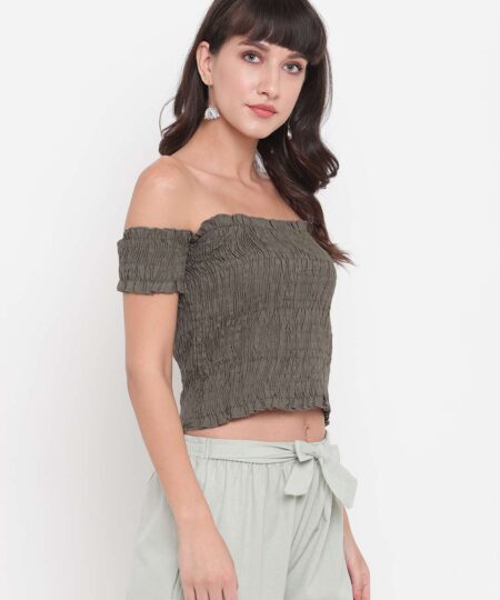 Women's Rayon Solid Off-Shoulder Smocked Crop Top Short Sleeve Casual Styles Tank Top (FREE SIZE) Multi15