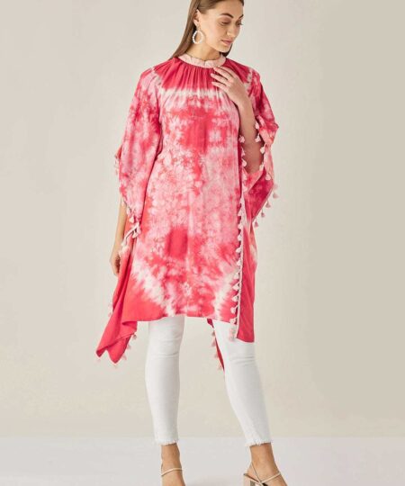 Women's Cotton Tie Dye Print Knee Length Mock Neck, Long Sleeve Kaftan Drees ( Red )