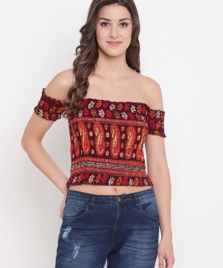 Women's Rayon Printed Off-Shoulder Smocked Crop Top Short Sleeve Casual Styles Tank Top (FREE SIZE) Multi2